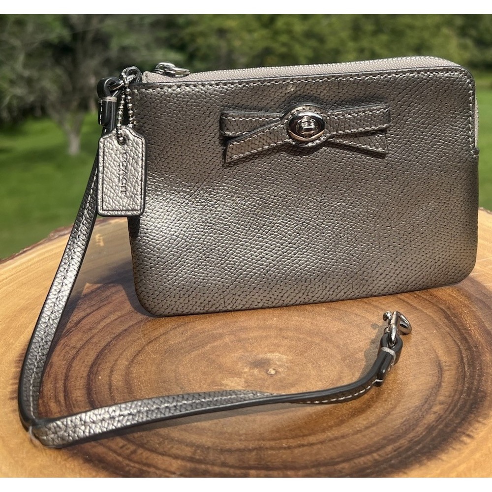 Coach F64648 Metallic Gunmetal Bow Turnlock Wristlet Clutch Zip Pouch